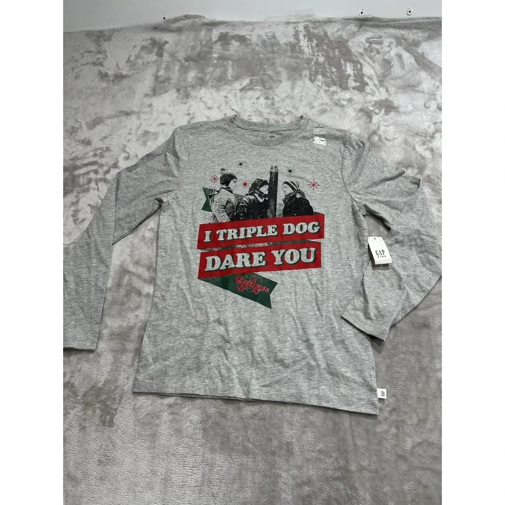 GAP Kids T-Shirt Boys Size Large Gray Long Sleeve‎ A Christmas Story Theme NWT